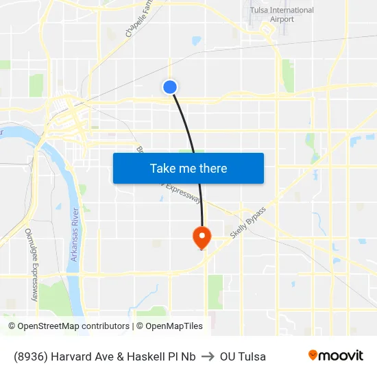 (8936) Harvard Ave & Haskell Pl Nb to OU Tulsa map