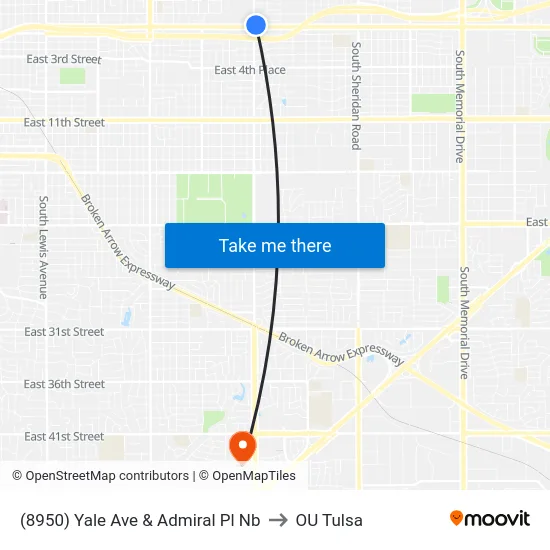(8950) Yale Ave & Admiral Pl Nb to OU Tulsa map