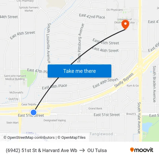 (6942) 51st St & Harvard Ave Wb to OU Tulsa map