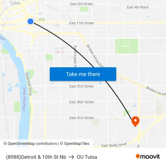 (8988)Detroit & 10th St Nb to OU Tulsa map