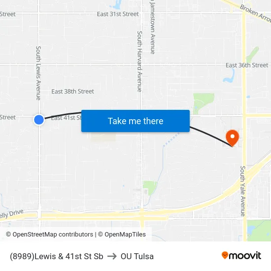 (8989)Lewis & 41st St Sb to OU Tulsa map