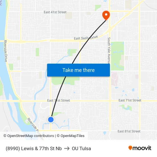 (8990) Lewis & 77th St Nb to OU Tulsa map