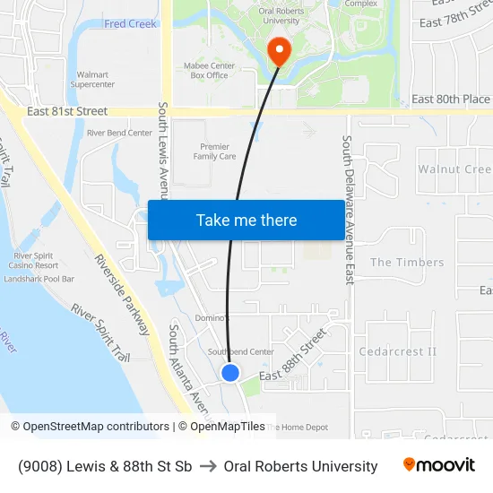 (9008) Lewis & 88th St Sb to Oral Roberts University map