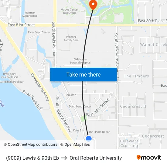 (9009) Lewis & 90th Eb to Oral Roberts University map