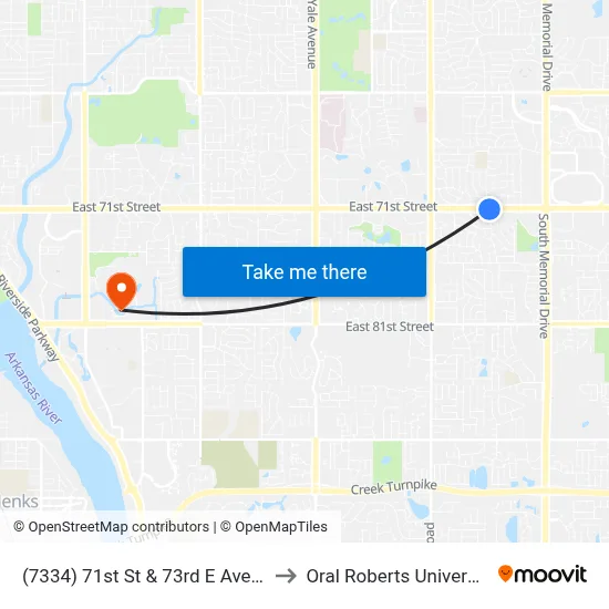 (7334) 71st St & 73rd E Ave Eb to Oral Roberts University map