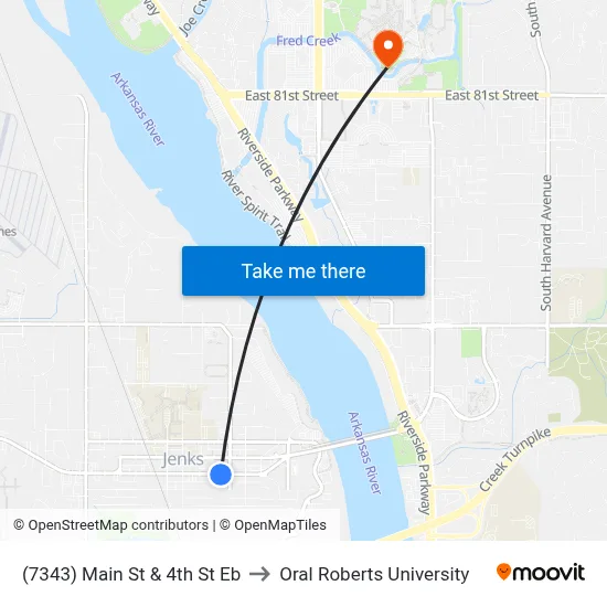 (7343) Main St & 4th St Eb to Oral Roberts University map