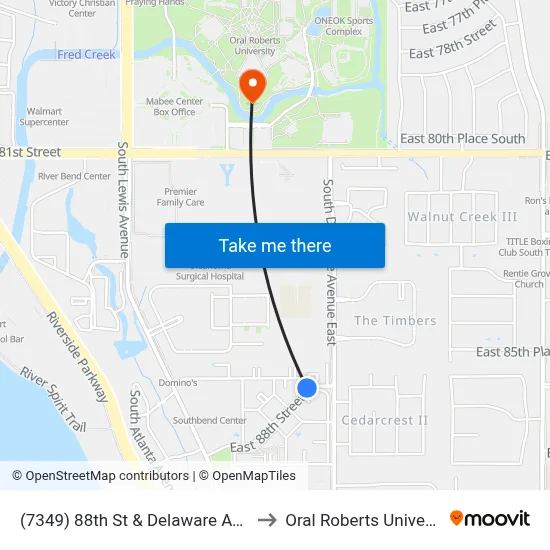 (7349) 88th St &  Delaware Ave Eb to Oral Roberts University map