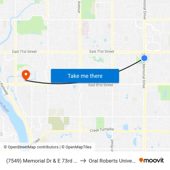 (7549) Memorial Dr & E 73rd St  Sb to Oral Roberts University map