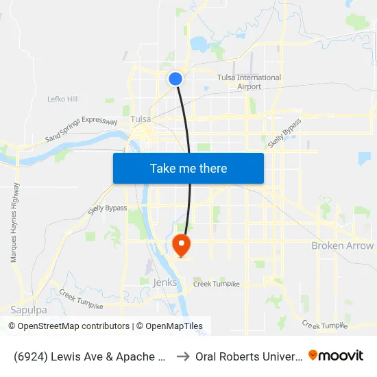 (6924) Lewis Ave & Apache St Nb to Oral Roberts University map