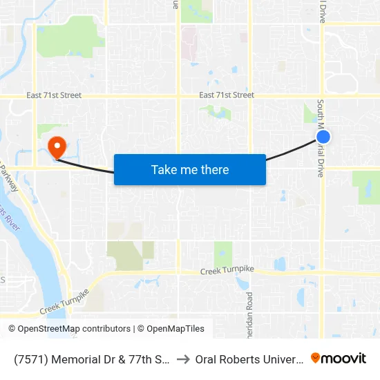 (7571) Memorial Dr & 77th St Nb to Oral Roberts University map