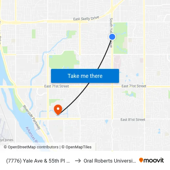 (7776) Yale Ave & 55th Pl Nb to Oral Roberts University map