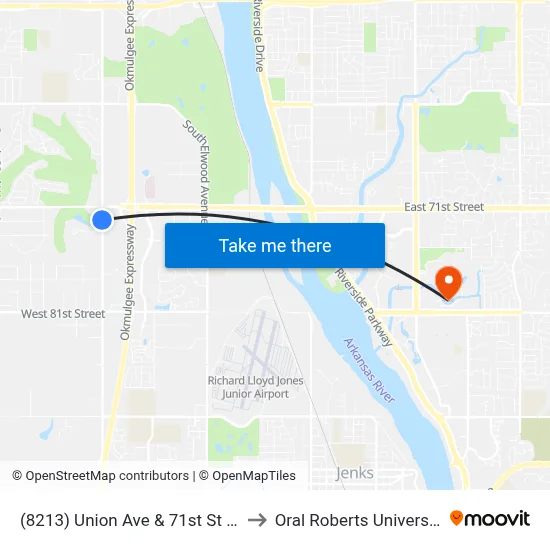 (8213) Union Ave & 71st St Sb to Oral Roberts University map