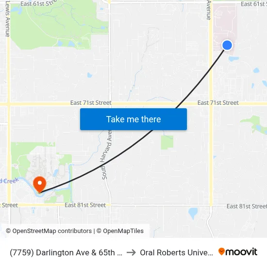 (7759) Darlington Ave & 65th St Sb to Oral Roberts University map