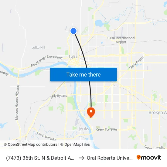 (7473) 36th St. N &  Detroit Ave Eb to Oral Roberts University map