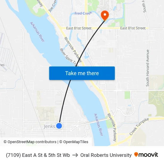 (7109) East A St & 5th St Wb to Oral Roberts University map