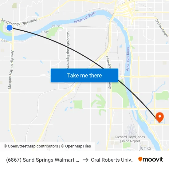(6867) Sand Springs Walmart Subhub to Oral Roberts University map