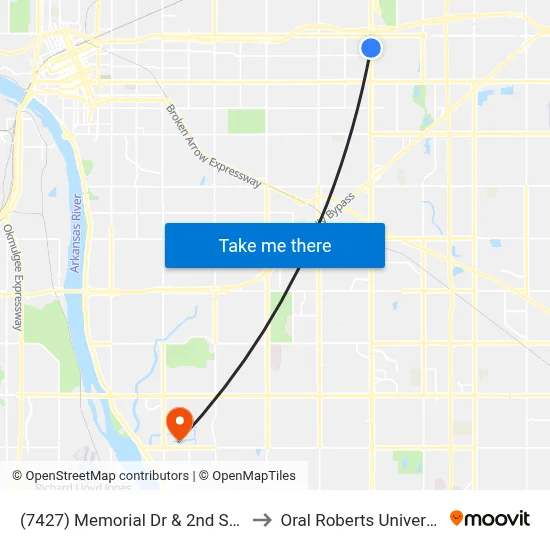 (7427) Memorial Dr & 2nd St Nb to Oral Roberts University map