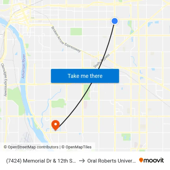 (7424) Memorial Dr & 12th St Nb to Oral Roberts University map