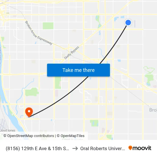(8156) 129th E Ave & 15th St Nb to Oral Roberts University map