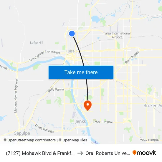 (7127) Mohawk Blvd & Frankfort Eb to Oral Roberts University map