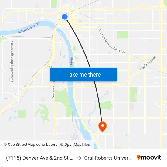 (7115) Denver Ave & 2nd St Nb to Oral Roberts University map