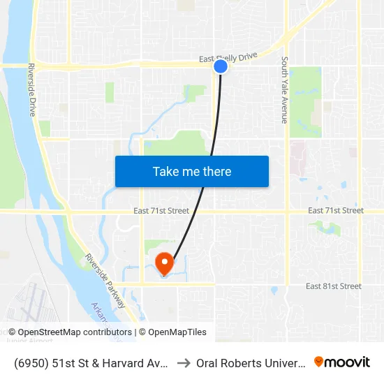 (6950) 51st St & Harvard Ave Eb to Oral Roberts University map