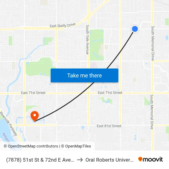 (7878) 51st St & 72nd E Ave Eb to Oral Roberts University map