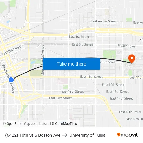 (6422) 10th St & Boston Ave to University of Tulsa map