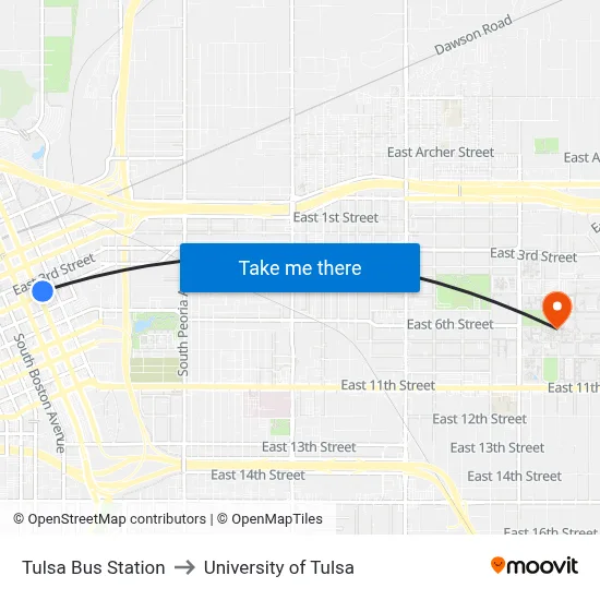 Tulsa Bus Station to University of Tulsa map