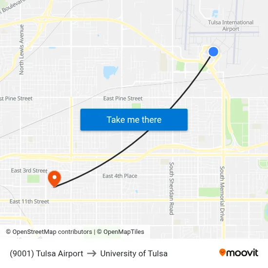 (9001) Tulsa Airport to University of Tulsa map