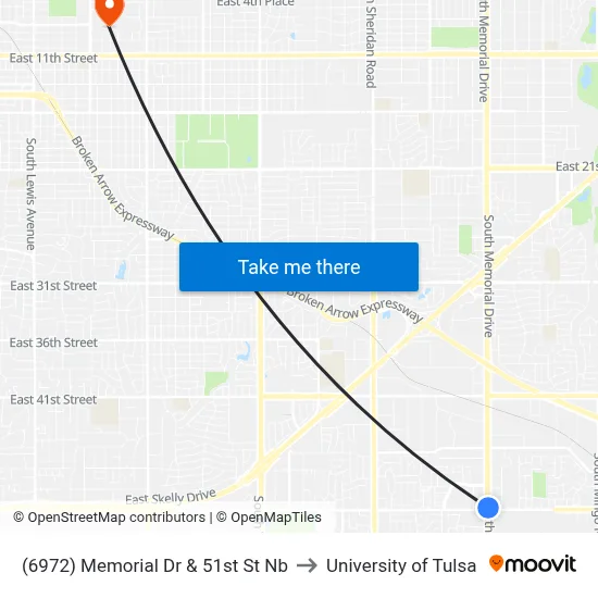 (6972) Memorial Dr & 51st St Nb to University of Tulsa map