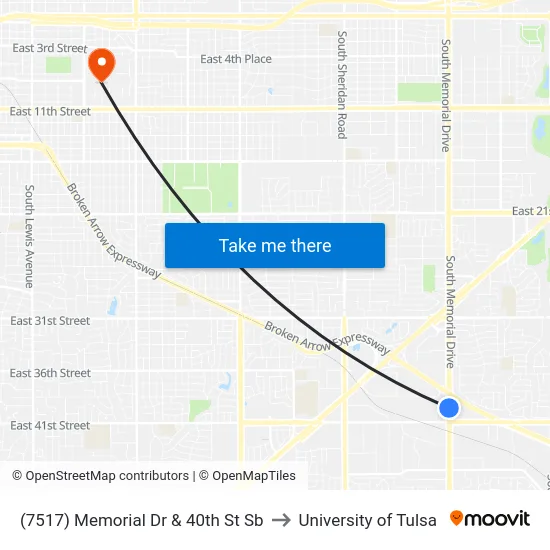 (7517) Memorial Dr & 40th St Sb to University of Tulsa map