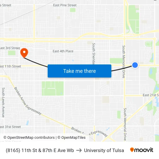 (8165) 11th St & 87th E Ave Wb to University of Tulsa map