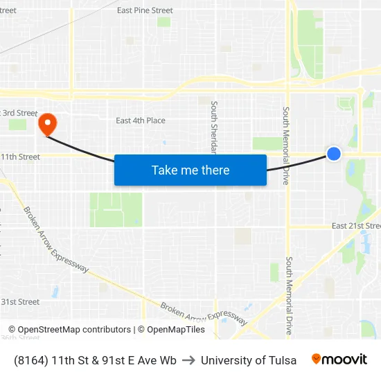 (8164) 11th St & 91st E Ave Wb to University of Tulsa map