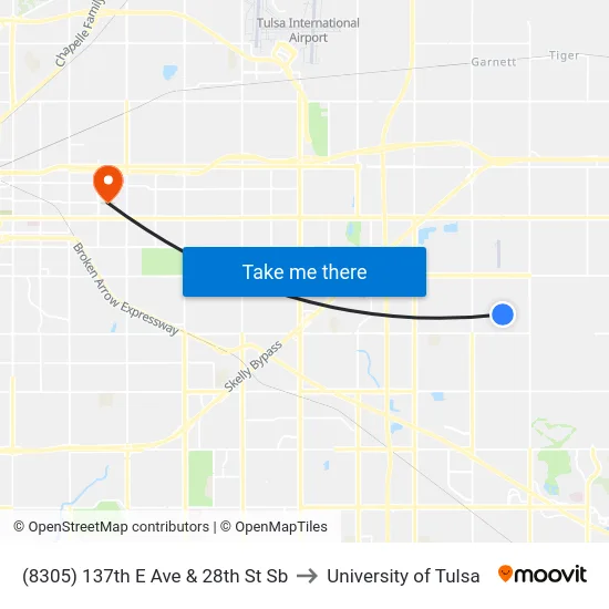 (8305) 137th E Ave & 28th St Sb to University of Tulsa map