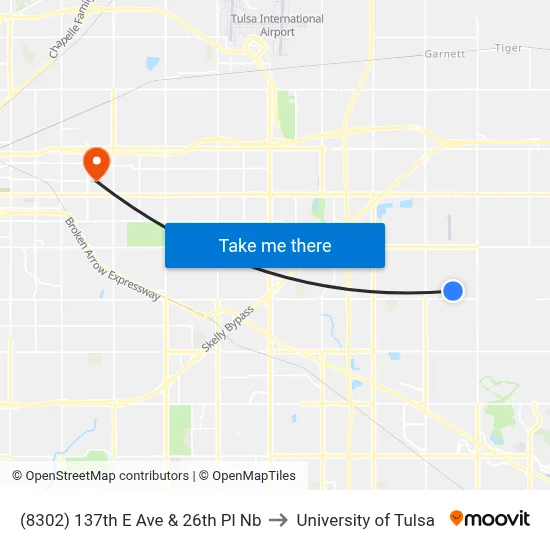 (8302) 137th E Ave & 26th Pl Nb to University of Tulsa map