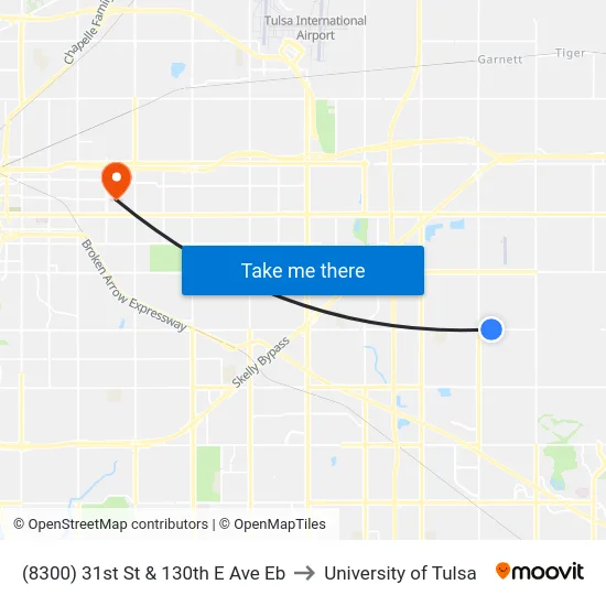 (8300) 31st St & 130th E Ave Eb to University of Tulsa map