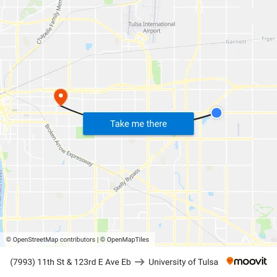 (7993) 11th St & 123rd E Ave Eb to University of Tulsa map