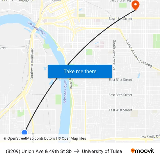(8209) Union Ave & 49th St Sb to University of Tulsa map