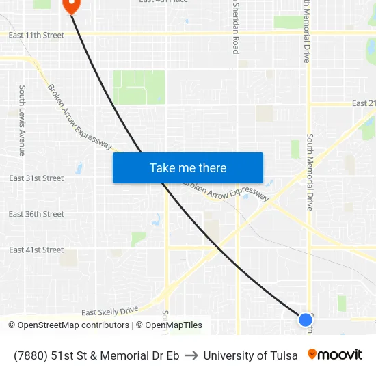 (7880) 51st St & Memorial Dr Eb to University of Tulsa map