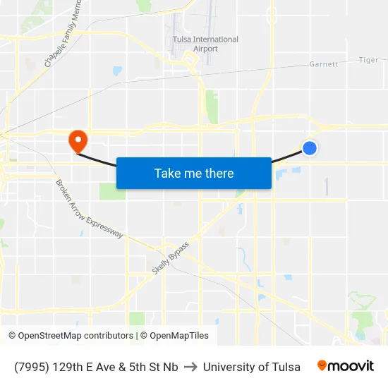 (7995) 129th E Ave & 5th St Nb to University of Tulsa map