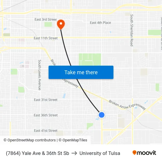 (7864) Yale Ave & 36th St Sb to University of Tulsa map