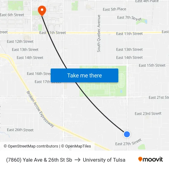 (7860) Yale Ave & 26th St Sb to University of Tulsa map
