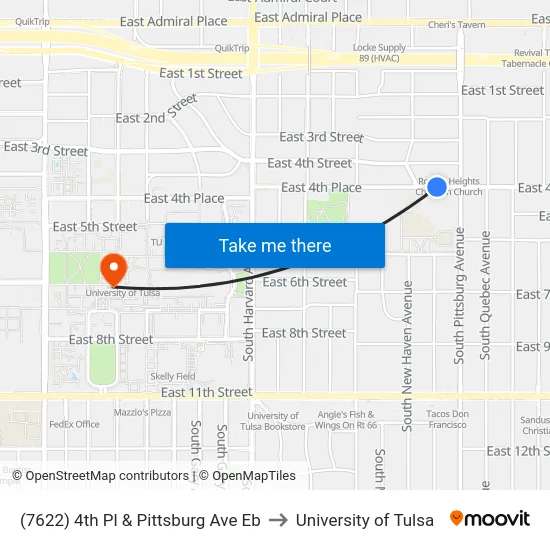 (7622) 4th Pl & Pittsburg Ave Eb to University of Tulsa map