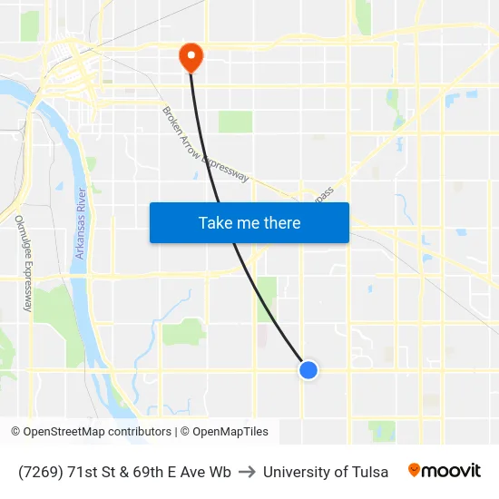 (7269) 71st St & 69th E Ave Wb to University of Tulsa map