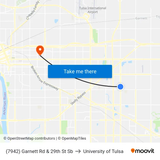 (7942) Garnett Rd & 29th St Sb to University of Tulsa map