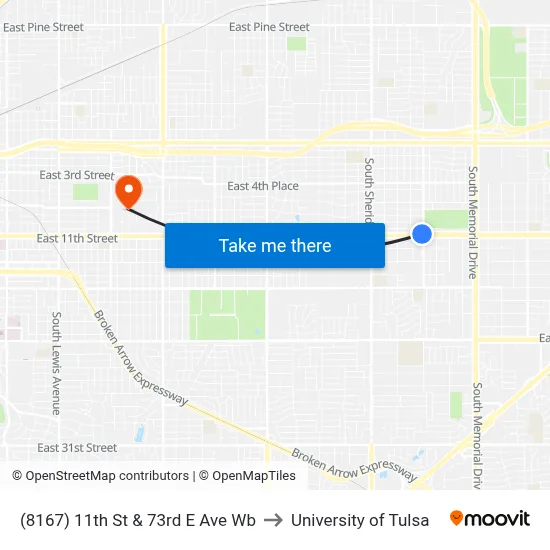 (8167) 11th St & 73rd E Ave Wb to University of Tulsa map