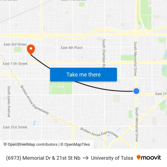(6973) Memorial Dr & 21st St Nb to University of Tulsa map