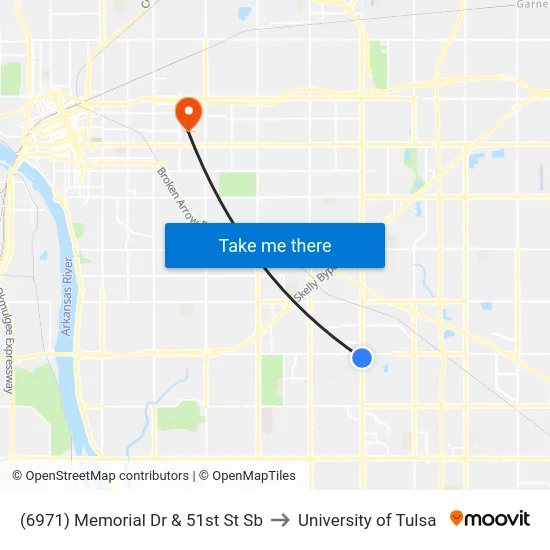 (6971) Memorial Dr & 51st St Sb to University of Tulsa map