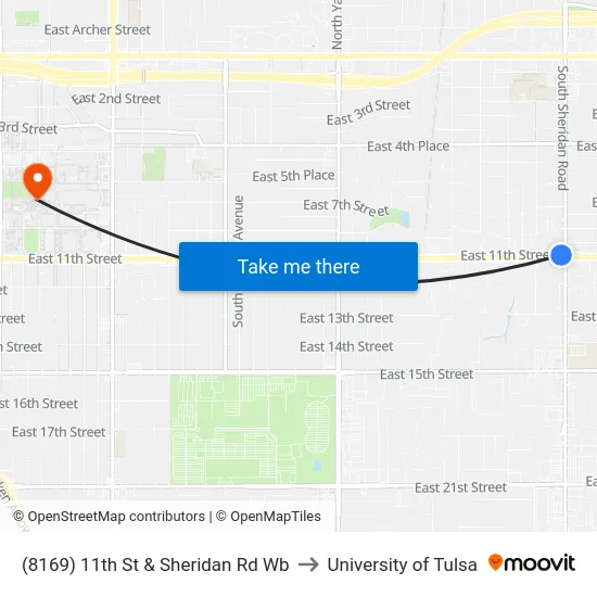 (8169) 11th St & Sheridan Rd Wb to University of Tulsa map